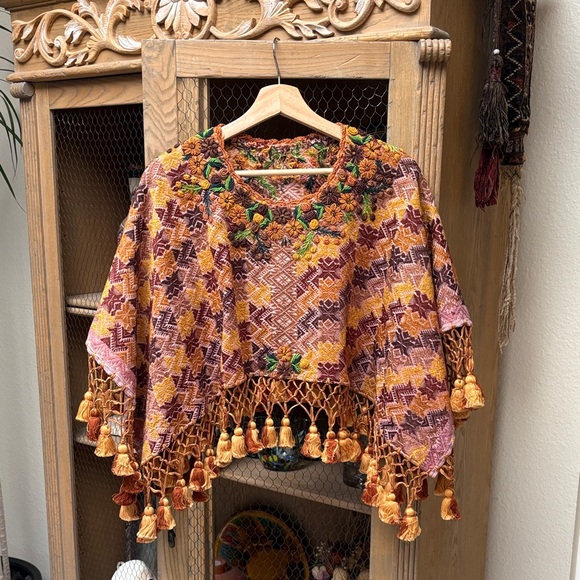 Vintage Hand Woven Embroidered Huipil Poncho with Tassels - Picture 1 of 13